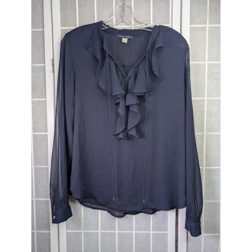 Tommy Hilfiger Womens Blouse Medium Navy Ruffle Top Preppy Semi-Sheer Lined Airy